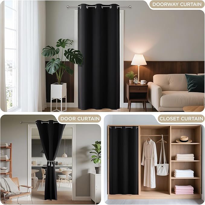 Joydeco Blackout Door Curtain for Doorway Privacy 90 Inches Long, Grommet Closet Curtain for Open Closet, Room Divider for Bedroom Living Room (Black, 52Wx90L, 1 Panel)