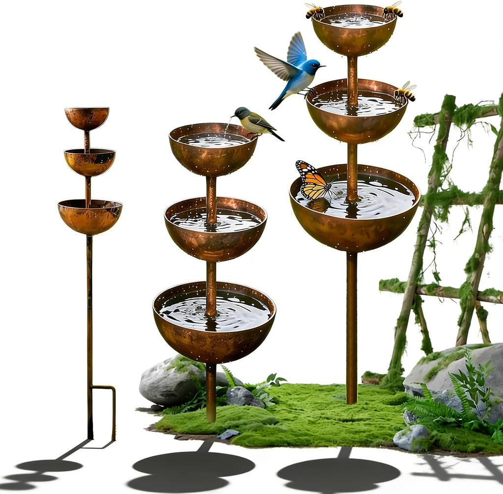 Rain Catcher - Plant Support Metal Garden Ornament, Rust Patina Metal Rain Catcher Garden Stake with Water Bowl, Gardens Rains Catchers Bird Bath with 3-Tiered Water Bowls, Yard Decor (2 PCS)