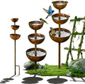 Rain Catcher - Plant Support Metal Garden Ornament, Rust Patina Metal Rain Catcher Garden Stake with Water Bowl, Gardens Rains Catchers Bird Bath with 3-Tiered Water Bowls, Yard Decor (2 PCS)