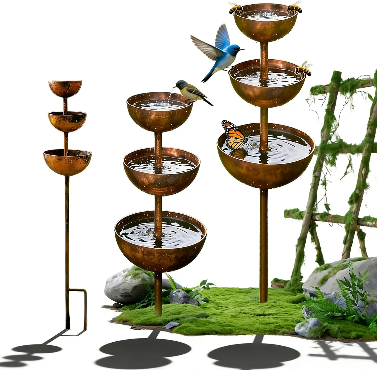 Rain Catcher - Plant Support Metal Garden Ornament, Rust Patina Metal Rain Catcher Garden Stake with Water Bowl, Gardens Rains Catchers Bird Bath with 3-Tiered Water Bowls, Yard Decor (2 PCS)