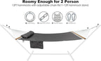 2 Person Hammocks for Outside, Double Quilted Fabric Outdoor Hammock with Spreader Bar, Large Removable Pillow, Storage Pockets, Carabiners, Max 475 lbs Capacity (Dark Grey)