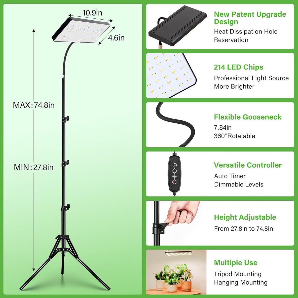 lbw grow lights for indoor plants, 214 leds showing dimensions