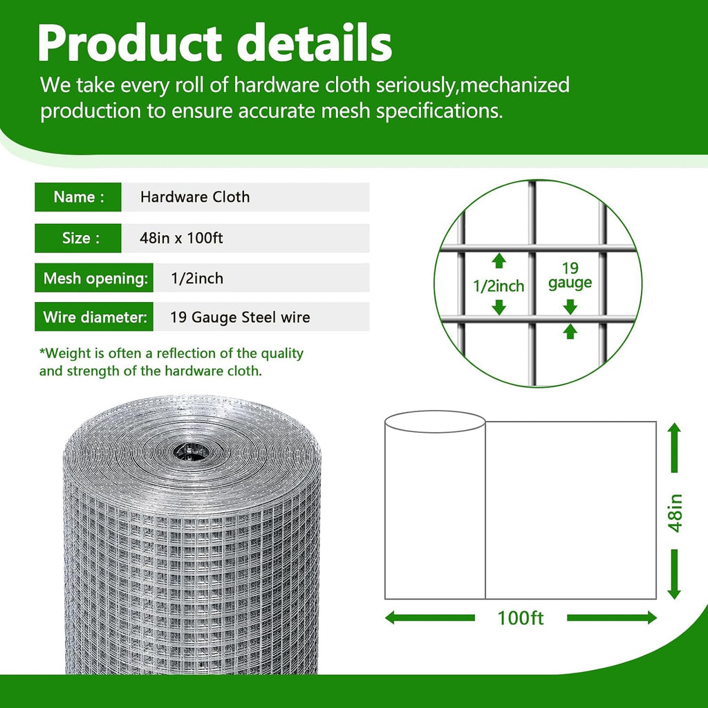 Hardware Cloth 1/2'' 48'' X 100' 19 Ga Chicken Wire Mesh Fence Double Layer | Welded Metal Wire Fence Mesh Roll for Gardens Plants Poultry Animals Cage Chicken Coop Accessories