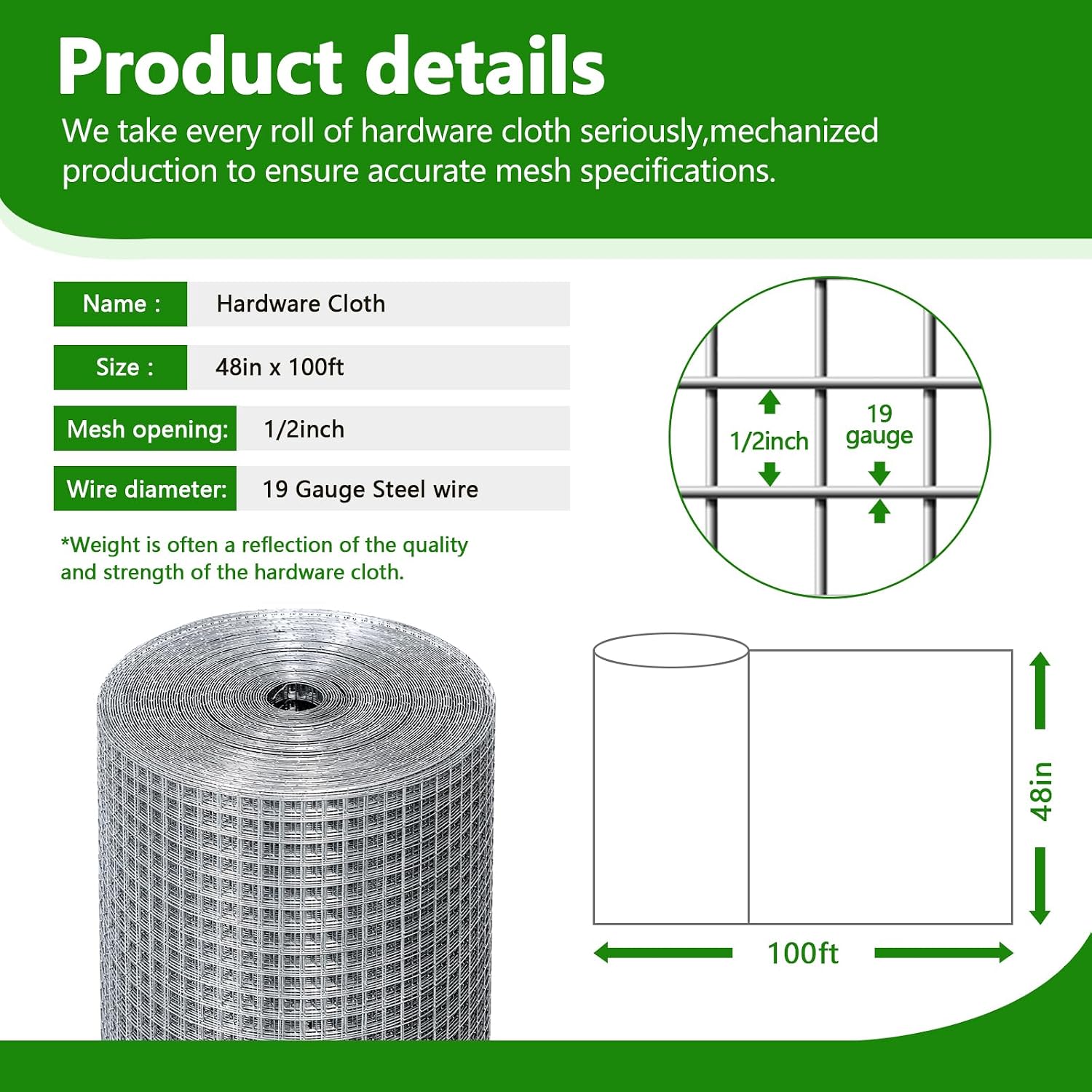 Hardware Cloth 1/2'' 48'' X 100' 19 Ga Chicken Wire Mesh Fence Double Layer | Welded Metal Wire Fence Mesh Roll for Gardens Plants Poultry Animals Cage Chicken Coop Accessories