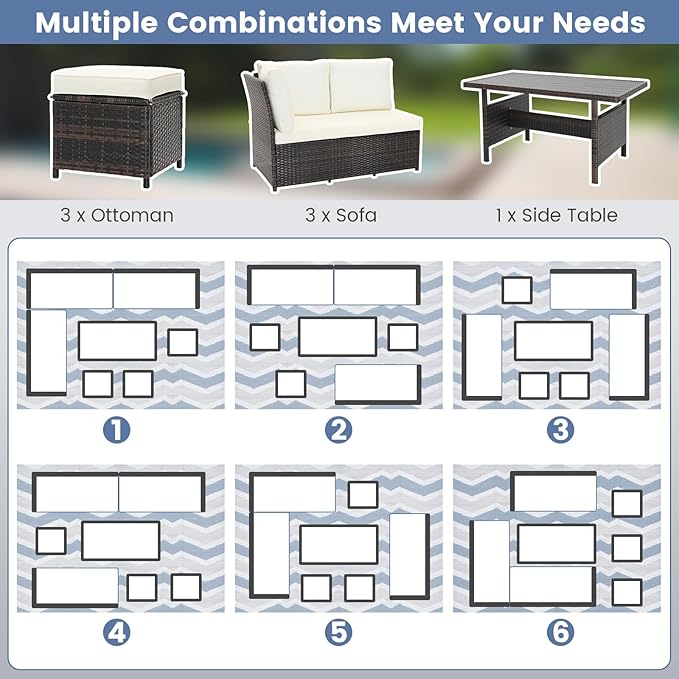 Tangkula 7 Pieces Wicker Patio Furniture Set, Rattan Sofa with Coffee Table, Ottomans & White Cushions, Sectional Conversation Sofa Set for Porch, Poolside, Balcony Yard Garden (White)