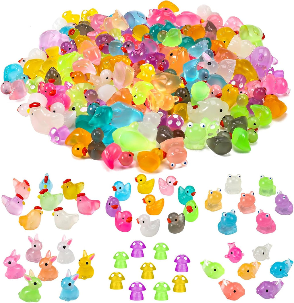 135 PCS Luminous Mini Resin Ducks Tiny Glow in The Dark Duck | Chickens Rabbit Frogs Dolphin Mushroom, 6 Combination Sets Resin Miniature Animals for Micro Landscape Dollhouse Decoration