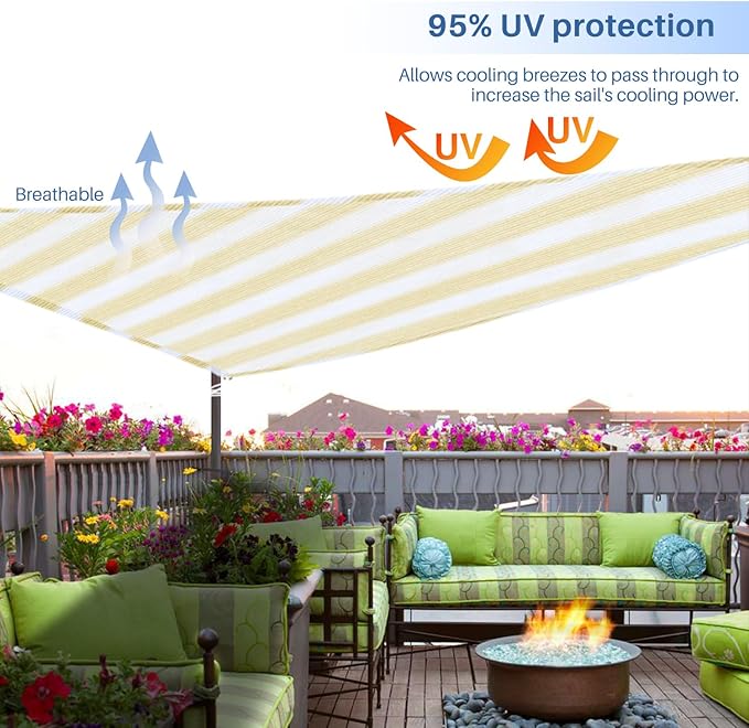 E&K Sunrise 13' x 13' x 13' Sun Shade Sail Triangle Canopy Shade Cover UV Block for Patio Backyard Garden Outdoor (Beige White Strip)