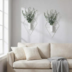 Jexine 8 Pcs Hanging Planters with Artificial Eucalyptus Metal Hanging Vase Indoor Plants Holder Modern Geometric Boho Bathroom Wall Decor for Living Room Home Office (Eucalyptus,White)