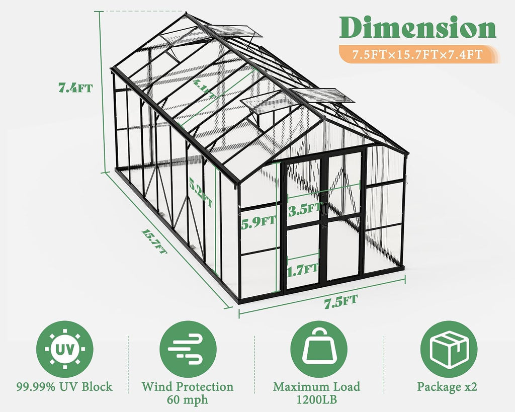 amerlife 7.5x16x7.5 ft walk-in polycarbonate greenhouse for outdoors, front angle view