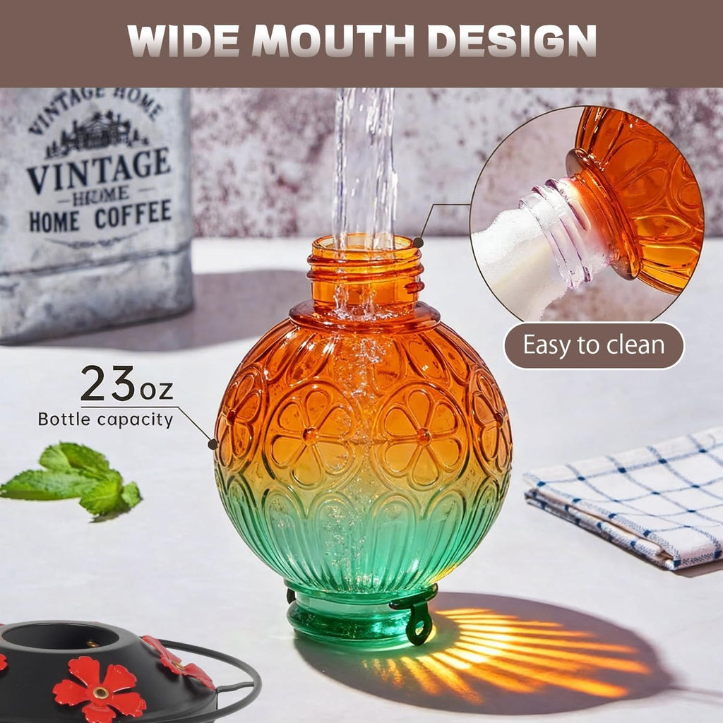 Glass Hummingbird Feeders for Outdoors Hanging, 23Oz Humming Bird Nectar Feeders with Perch, 5 Flower Feeding Ports, Leak Proof Base and Hook for Garden Decor, Gifts for Mom Women (Green)