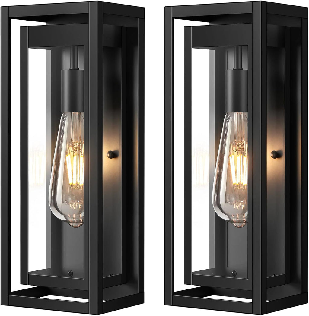 15" Outdoor Wall Lights, Black Exterior Lighting Fixtures, 2 Pack | Large Size, Anti-Rust, Waterproof, Tempered Glass, Easy Installation, Modern & Classic Outdoor Sconces for House Porch Garage
