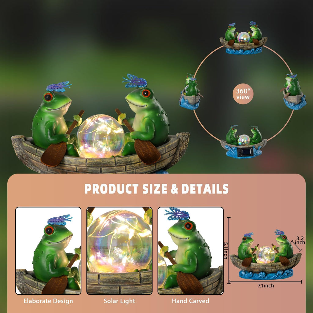 Solar Frog Boating Garden Statue with Ball Light 5.1"Resin Frogs Decor | for Home Front Door Patio Porch Balcony Women Gardeners Moms Wives Girlfriends