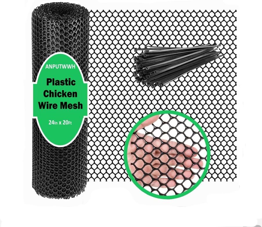 upgraded plastic chicken wire fence mesh(24inx20ft) - black/green/white shown in use