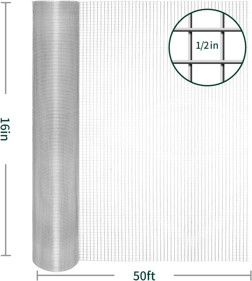Hardware Cloth 1/2In 16inx50ft 19 GA Chicken Wire Fencing Roll | Double-Layer Hot-dip galvanized, welded wire mesh. For poultry netting, garden fencing, tree guards, animal enclosures.