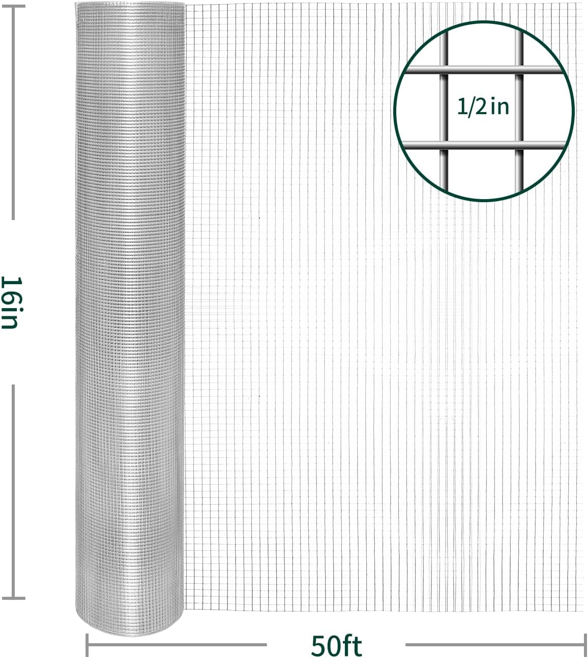 Hardware Cloth 1/2In 16inx50ft 19 GA Chicken Wire Fencing Roll | Double-Layer Hot-dip galvanized, welded wire mesh. For poultry netting, garden fencing, tree guards, animal enclosures.