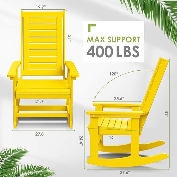 GREENVINES Outdoor Rocking Chair Set | 3-Piece | 2 Rocking Chairs with 1 Side Table | Porch Rocker | HDPE Plastic | Yellow | Patio Furniture Sets | High Back | Big & Tall | Ladder Back