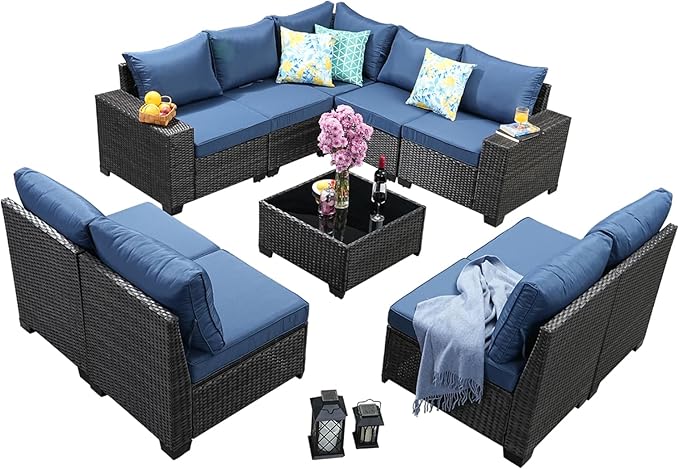 Jing's Villa 8-Piece Patio Furniture Set, All-Weather Outdoor Wicker Sectional Sofa with Cushions, Glass Table & Left and Right Armrest, Rattan Conversation Seating for Porch, Garden, Backyard,Navy