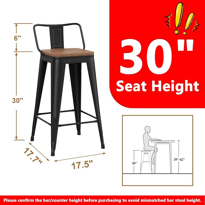 WENTMENT Bar Stools Set of 4 Counter Height Metal Barstools with Removable Back 30" Kitchen Bar Stools with Wooden Seat, Black