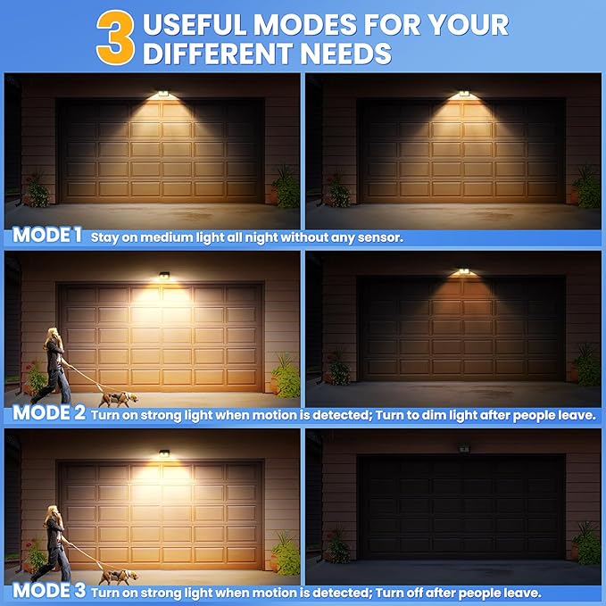 [2 Packs] Solar Motion Sensor Outdoor Lights, Super Bright Solar Lights Outdoor Waterproof, 3 Lighting Modes Security Wall Light for Outside Walking Dog Fence Backyard Deck Garden Door Step Garage