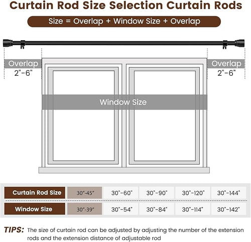 1” Diameter Curtain Rods Itself is 30 to 45 inch 2 Pack Fit 30-39 inch Window with Heavy Duty Adjustable Rod Matte Black Splicing Metal Extra Long Curtain Rod for Windows