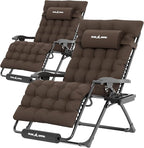 UDPATIO Oversized Zero Gravity Chair Set of 2, 33In XXL Patio Reclining Chair with Cushion, Outdoor Folding Recliner with Pillows|Cup Holder|Foot Rest|Padded Headrest, Brown Grey, Support 500LB