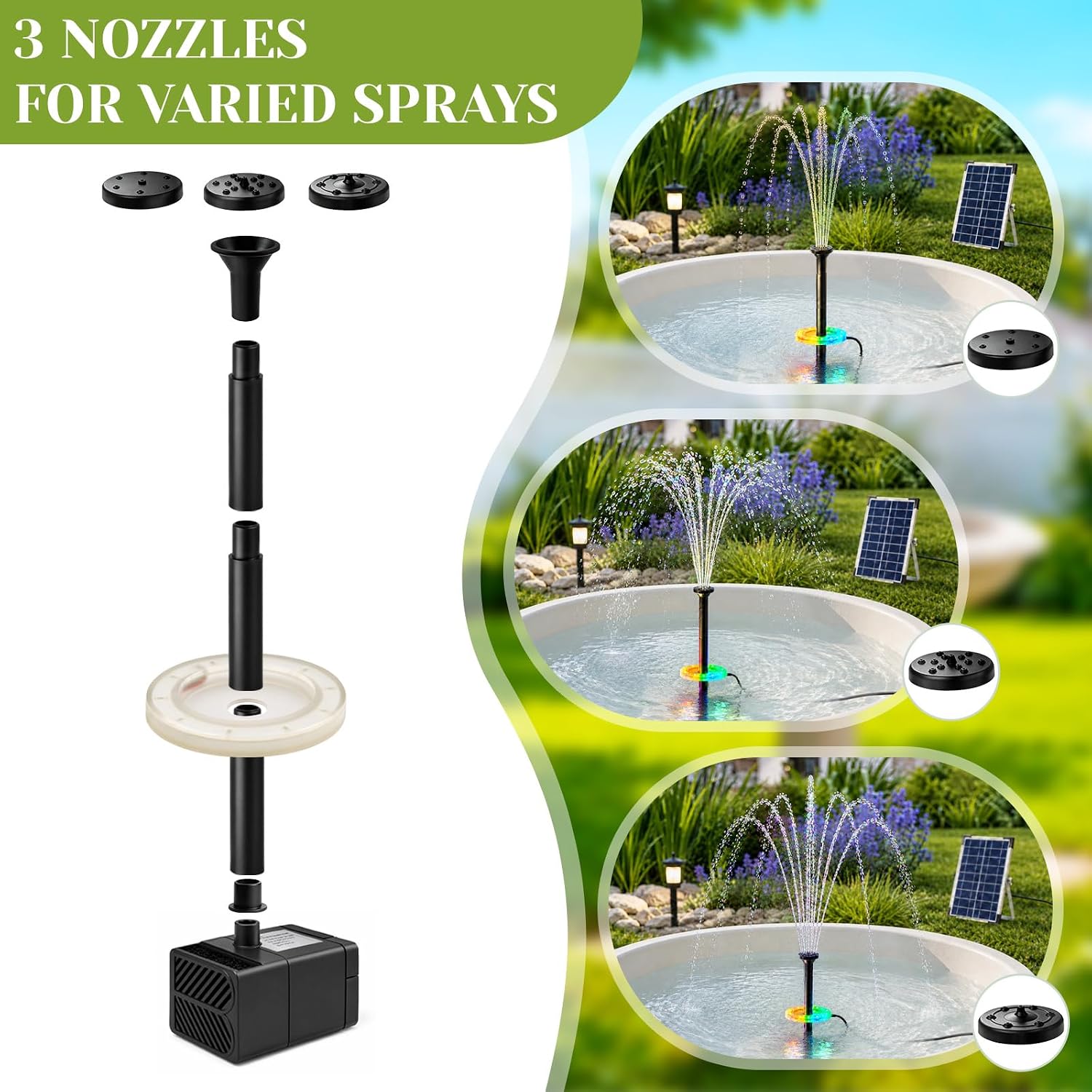 9V 6W Solar Fountain Pump, 3-Tier Waterfall & 3 Spray Nozzles, Solar Powered Water Fountain Solar Bird Bath Fountain for Small Pond, Patio, Garden