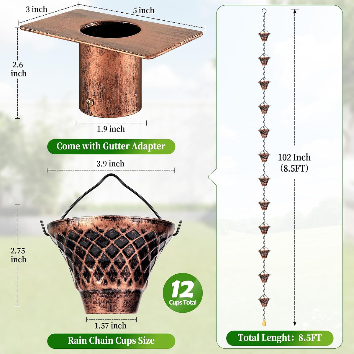 rain chains for gutters outside copper with adapter, close-up detail