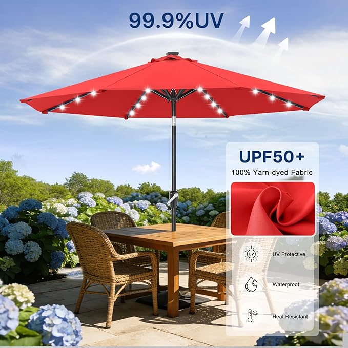 ABCCANOPY Durable Solar Led Patio Umbrellas with 32LED Lights 11FT（Red）