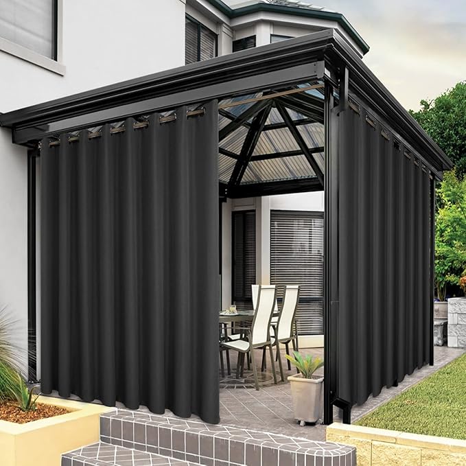 BONZER Waterproof Indoor/Outdoor Curtains for Patio Thick Privacy Wide Grommet Curtains for Bedroom, Living Room, Porch, Pergola, Cabana, 1 Panel, 110W x 120L inch, Charcoal