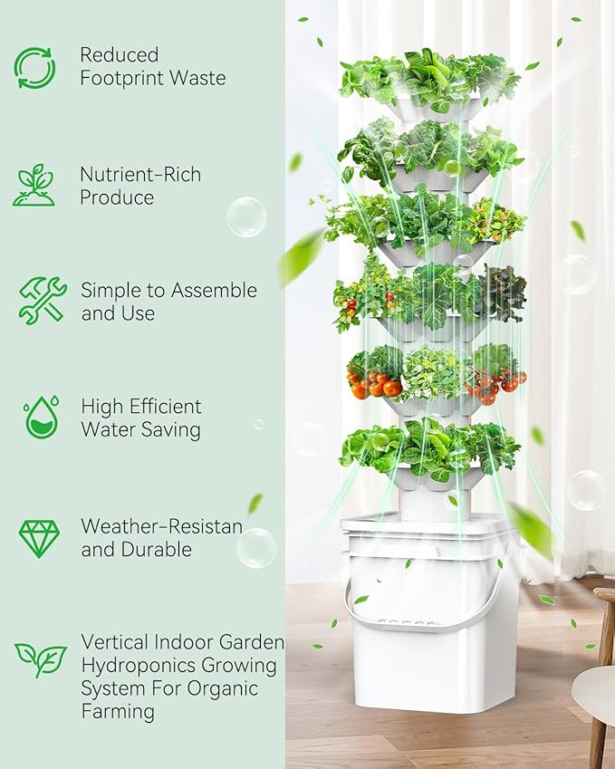 Vertical Hydroponics Growing System Kit, Indoor Outdoor Gardening System Kits, Herb & Fruits Growing Hydroponic Tower, 6 Layers (36 Pods)