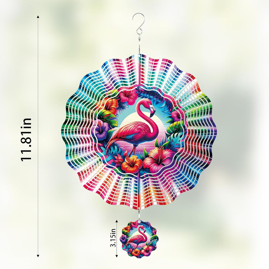 Flamingo Wind Spinner Outdoor - 12 Inch Hawaiian Style 3D Tropical Hanging Decor, Colorful Floral Iron Spinner Gift for Women, Kinetic Wind Art Ornament for Garden Yard Patio Balcony