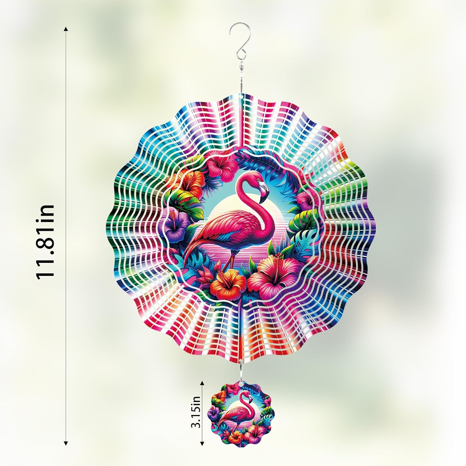 Flamingo Wind Spinner Outdoor - 12 Inch Hawaiian Style 3D Tropical Hanging Decor, Colorful Floral Iron Spinner Gift for Women, Kinetic Wind Art Ornament for Garden Yard Patio Balcony