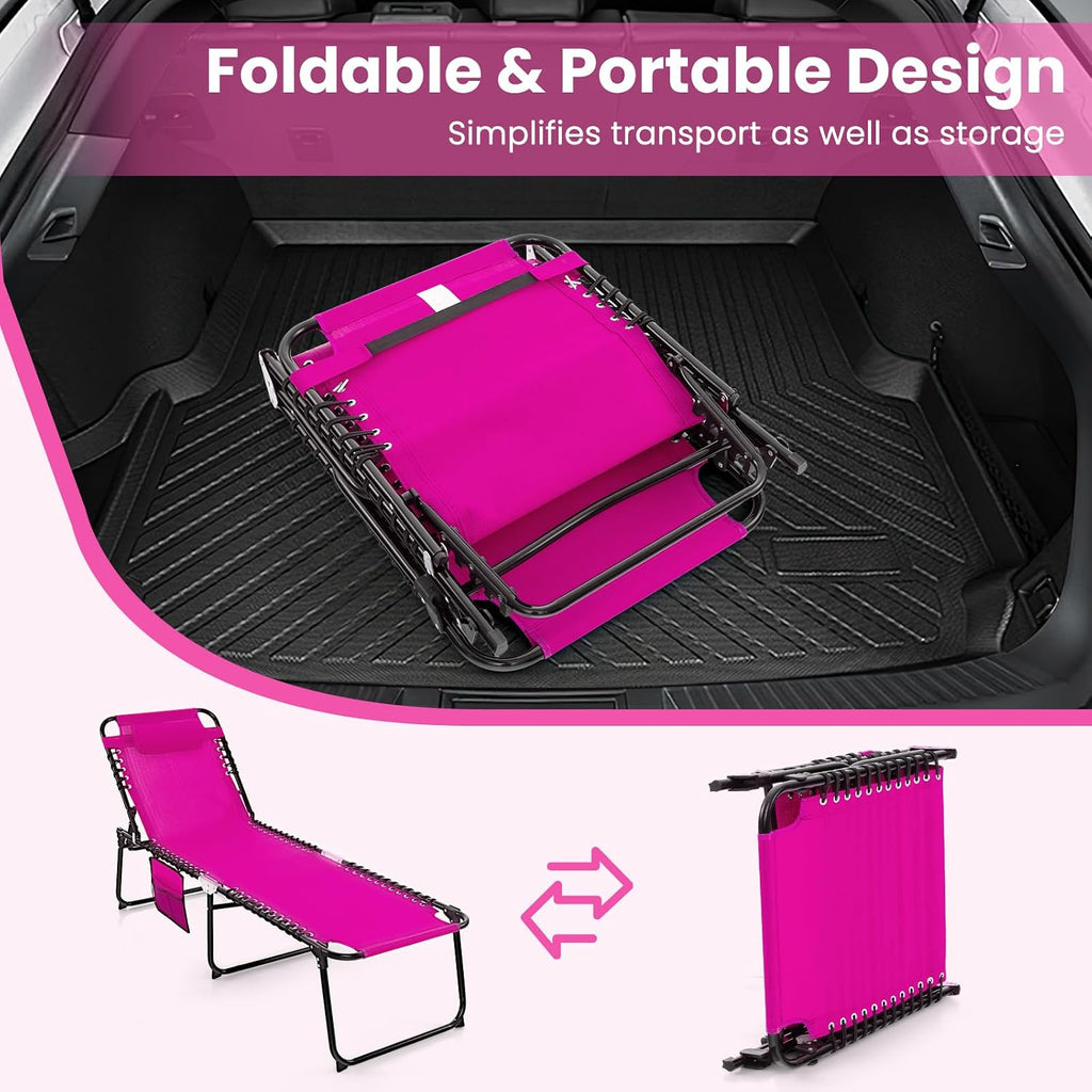 GYMAX Lounge Chairs for Outside, Extra High Folding Beach Tanning Lounger with 4-Level Adjustable Backrest, 2-Level Footrest & Removable Pillow, Sunbathing Lounge for Patio, Lawn, Poolside (1, Pink)
