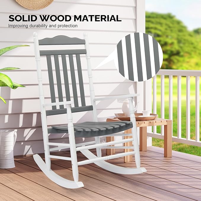 VINGLI Wooden Rocking Chair, Outdoor Chair with 450 lbs Support, Relaxing Rocker with Solid Wood High Back Seat Reclining Seat for Deck, Garden, Backyard, Porch (White & Grey, 1PC)