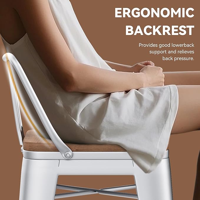Yongchuang 24 inch Barstools Set of 2 Counter Height Bar Stools Farmhouse Kitchen Metal Bar Chairs with Wood Seat Low Back Cream White