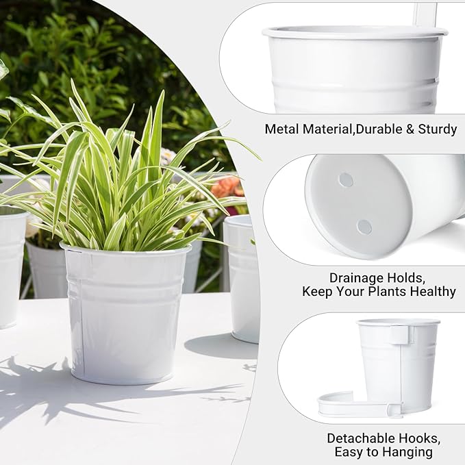 Dahey 10 Pcs Hanging Flower Pots Metal Iron Bucket Planter for Railing Fence Balcony Garden Home Decoration Flower Holders with Detachable Hooks, White, 5 inches