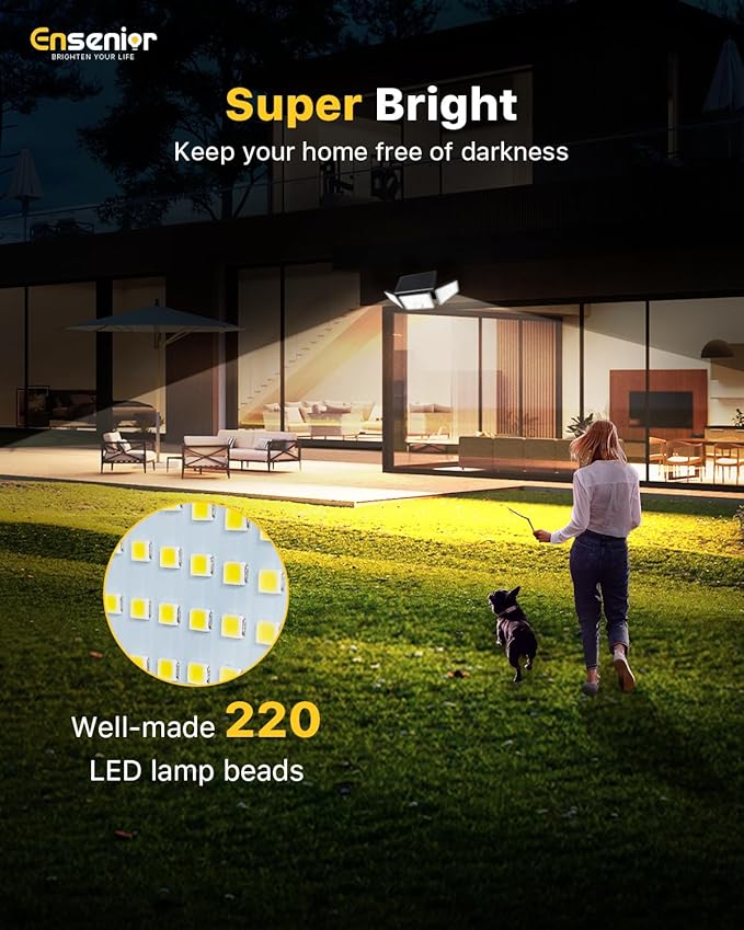 Ensenior Solar Lights Outdoor Motion Sensor, 2600LM 220 LED High Brightness, 3 Head 270° Wide Angle Flood Lights, Remote Control Security Lights 4 Modes, IP65 Waterproof Wireless Wall Light, 4 Pack