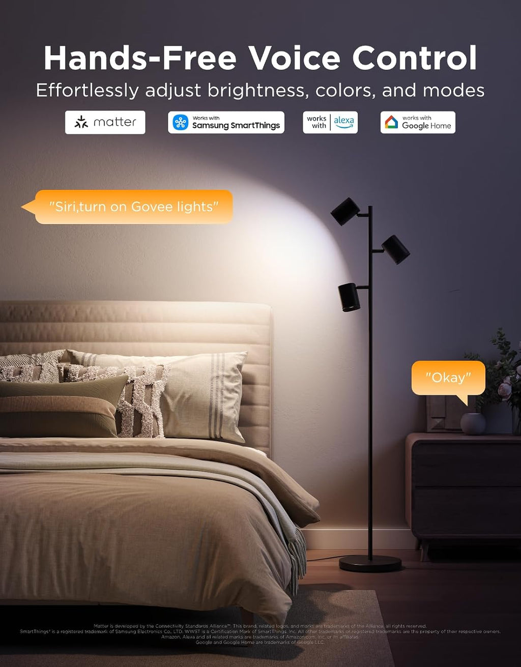 govee tree floor lamp with 3 rotatable lights showing dimensions