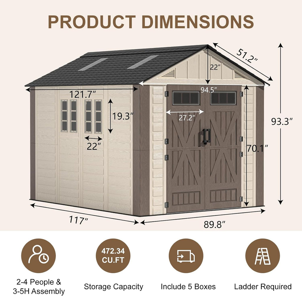 8x10 ft outdoor storage shed with floor, large on a desk or shelf