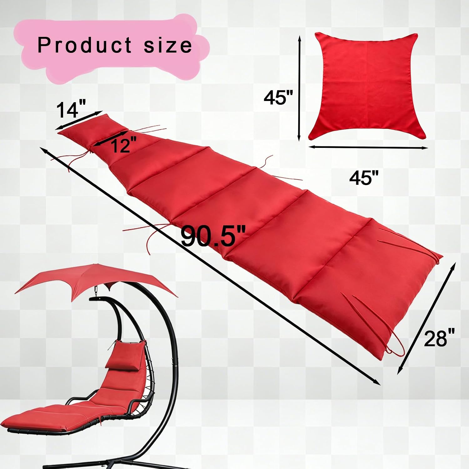 Hanging Lounge Chair Replacement Cushion with Umbrella, Thick Padding, Fade Resistant, Water Resistant for Outdoor Curved Chaise Hammock (Light Gray)