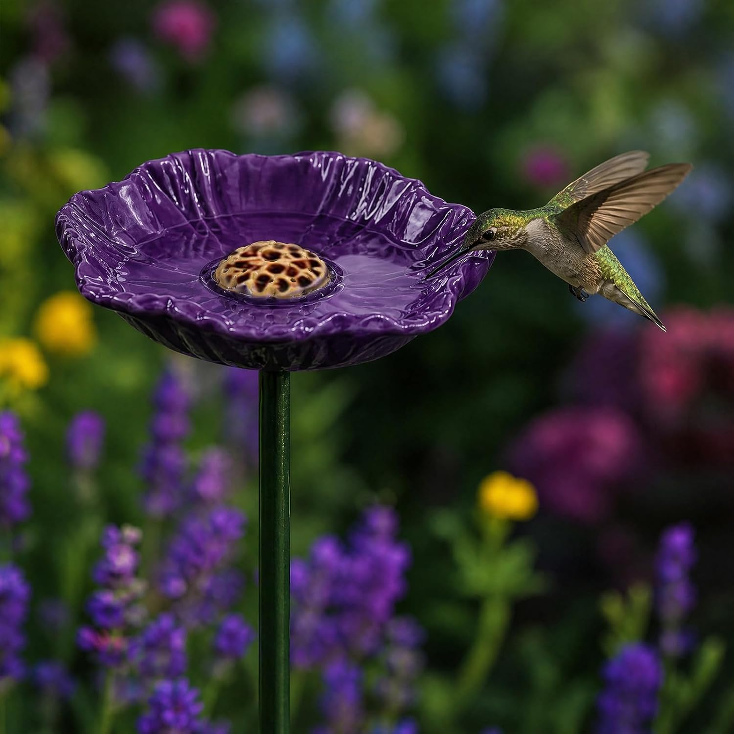 Ceramic Bee Watering Station for Garden, Handmade Flower Shaped Bird Bath with Stake, Outdoor Pollinator Feeder Cups for Wild Birds, Butterflies & Squirrels, Decorative Plant Pot Water Bowl (Red)