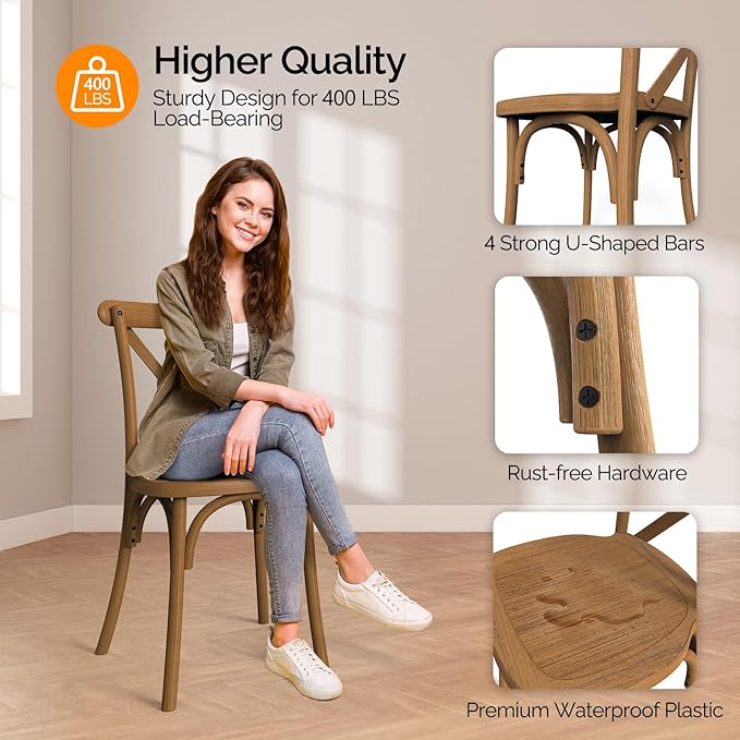 VINGLI Plastic Outdoor Dining Chairs Set of 4, Stackable Patio Farmhouse Brown Dining Chairs with X Back, Waterproof Kitchen & Dining Room Chairs for Indoor-Outdoor, Capacity 400 lbs