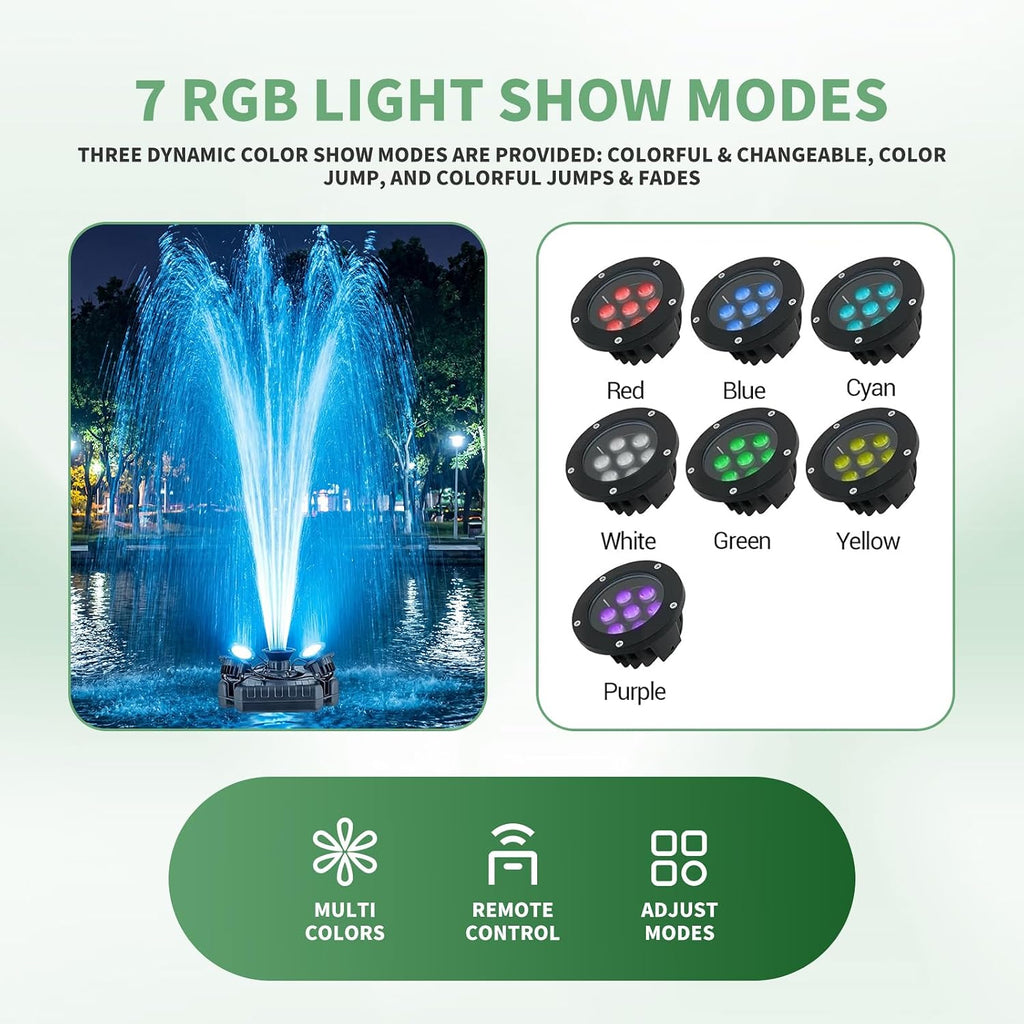 F3 Floating Pond Fountain Aerator, 1HP 750W 110V Stainless Steel Pump with 4 RGB Lights & 100FT Power Cord, Black Octagon Aerating Fountain for Ponds, Lakes, Pools and Fish Farms (Four Lights)