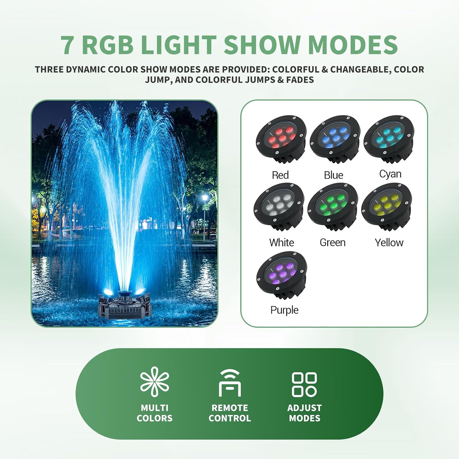 F3 Floating Pond Fountain Aerator, 1HP 750W 110V Stainless Steel Pump with 4 RGB Lights & 100FT Power Cord, Black Octagon Aerating Fountain for Ponds, Lakes, Pools and Fish Farms (Four Lights)
