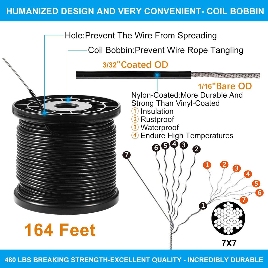 String Light Hanging Kit,Guide Wire for Outdoor String Lights, Shade sail Hardware kit,with 164 Ft Nylon Coated Stainless Steel 304 Wire Rope