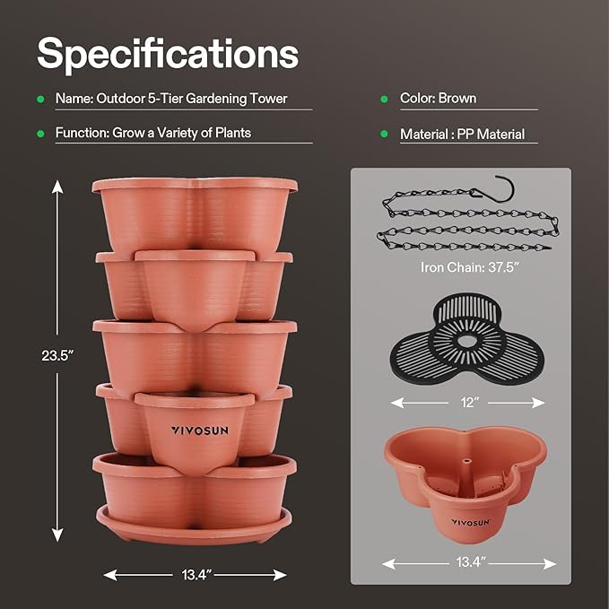 VIVOSUN 5 Tier Vertical Gardening Stackable Planter for Strawberries, Flowers, Herbs, Vegetables, Brown