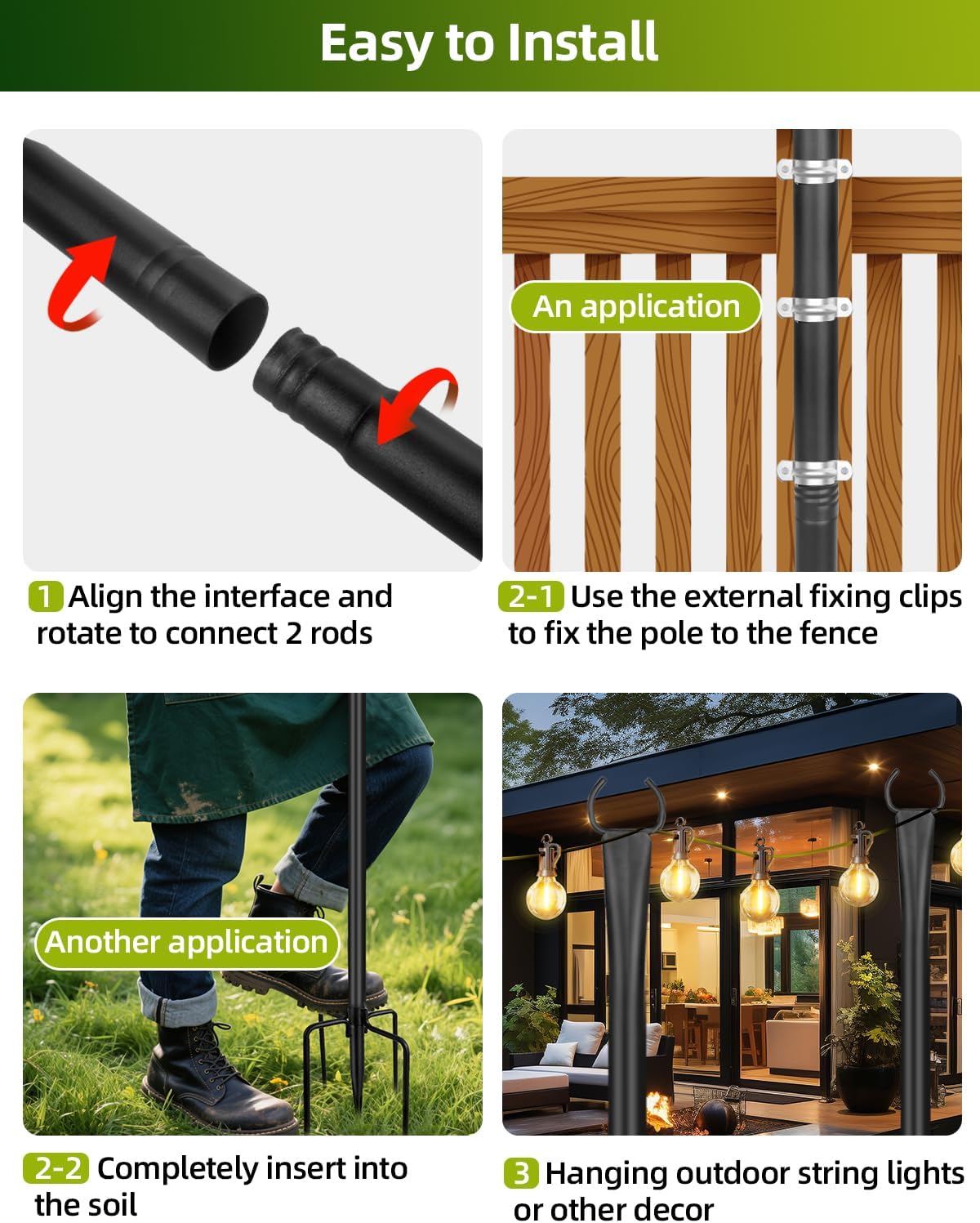 String Light Poles for Outside, 6 Pack 10 ft Adjustable Light Poles | Heavy Duty, Weather Resistant, 5 Prong Stable Base, Ground & Fence Mount, Fence Clips Included, For Patio Garden Porch Decor