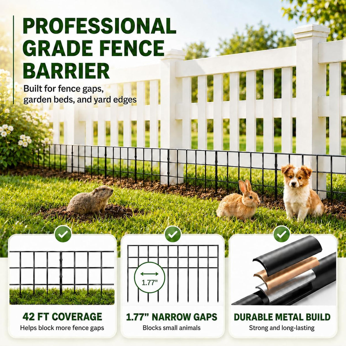 animal barrier fence 42.5ft(l)x13in(h), 30 panels no dig shown in use