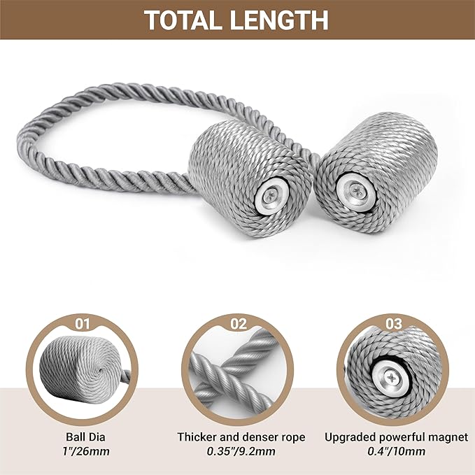 Hion Magnetic Curtain Tiebacks Grey 2pcs, Curtain Tiebacks Buckles Holdbacks Holders Hooks Clip for Home Bedroom Office Decorative Curtain