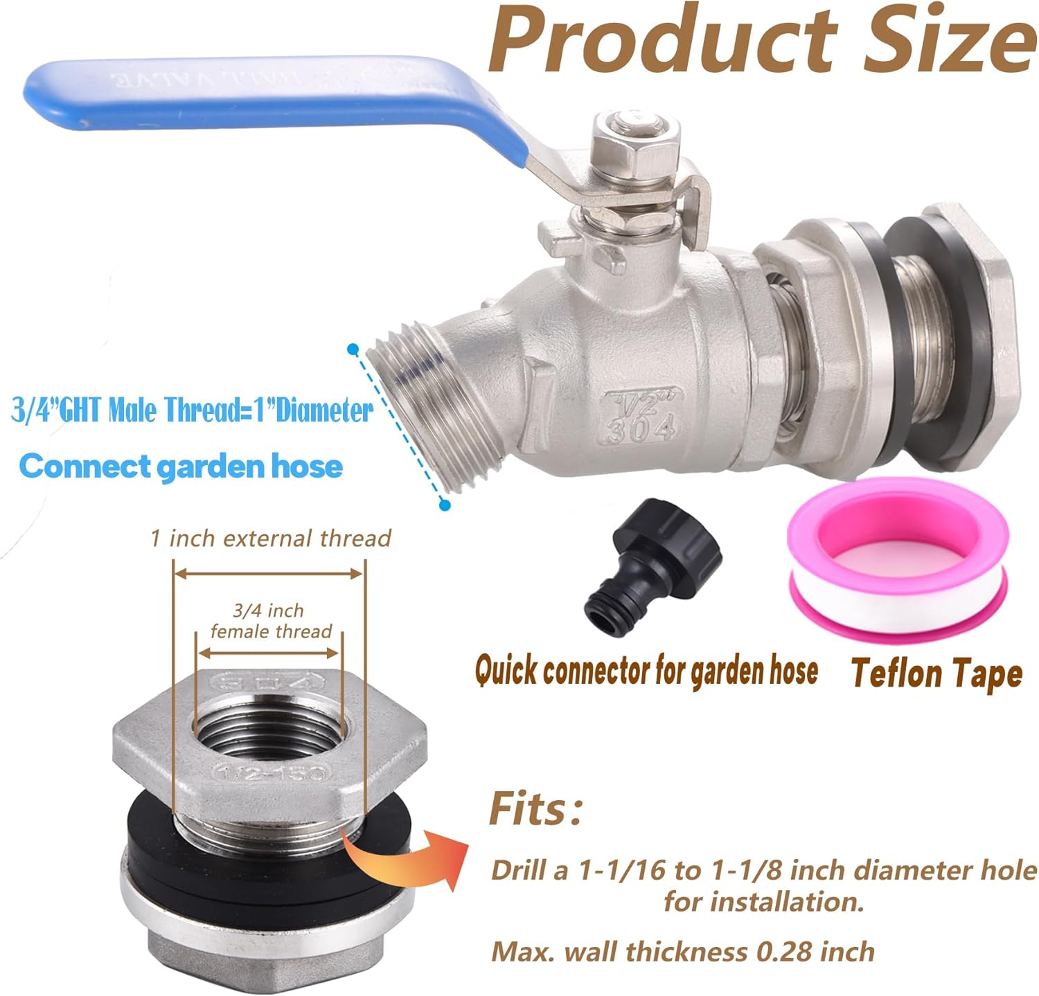 High Flow Rain Barrel Spigot Kit, Lead-Free,304 Stainless Steel Faucet Kit for Rain Water Barrel, Water Tanks, 55 Gallon Drum Etc, Spigot with Bulkhead Fitting, Tape.